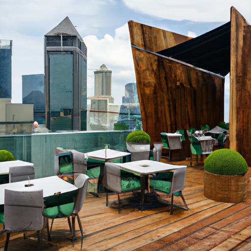 Quán cafe rooftop hiện đại với tầm nhìn toàn cảnh đến tòa nhà chọc trời.